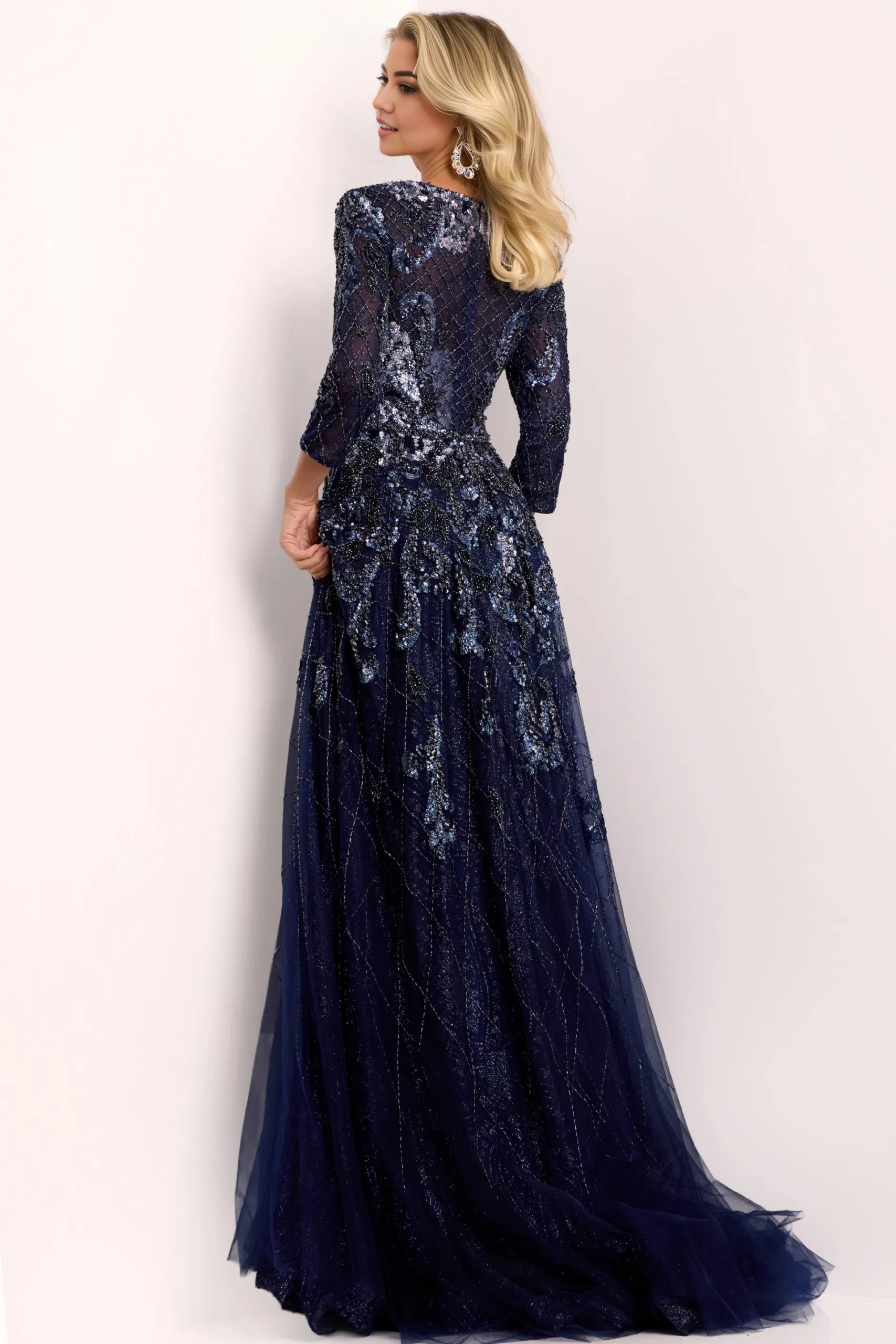 Glamorous A-Line V-Neck Three-Quarter Sleeve Sequin-Tulle Long Length Evening Dresses