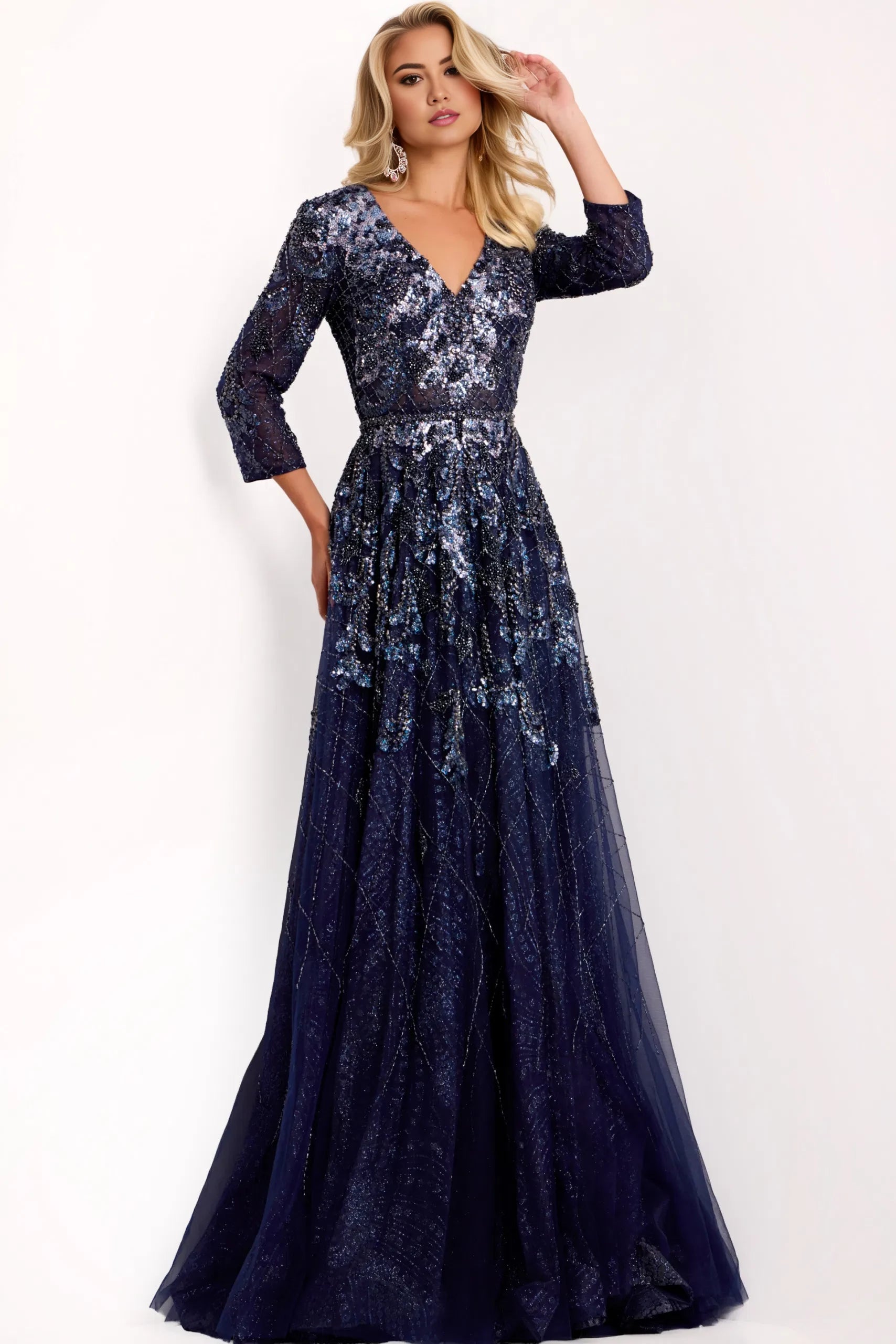 Glamorous A-Line V-Neck Three-Quarter Sleeve Sequin-Tulle Long Length Evening Dresses