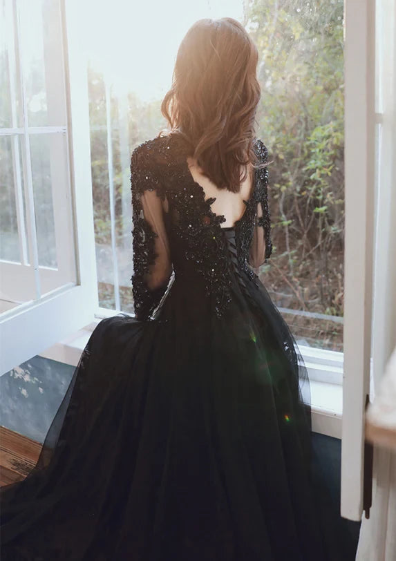 Glamorous A-Line V-Neck Tulle Sequin-Lace Long-Sleeve Lace-Up Back Floor-Length Evening Dresses