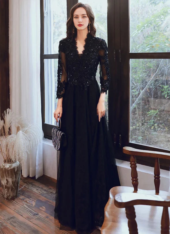Glamorous A-Line V-Neck Tulle Sequin-Lace Long-Sleeve Lace-Up Back Floor-Length Evening Dresses
