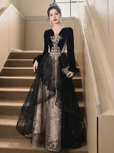 Glamorous A-Line V-Neck Velvet Sequin-Embroidered Cutout-Back High-Low Evening Dresses