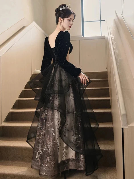 Glamorous A-Line V-Neck Velvet Sequin-Embroidered Cutout-Back High-Low Evening Dresses