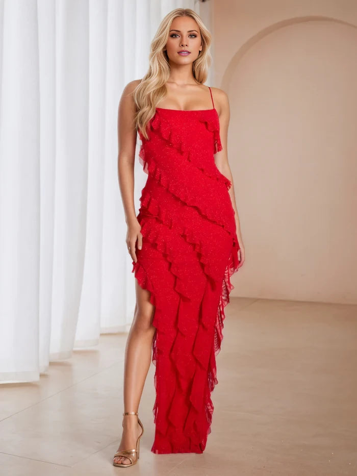 Glamorous Asymmetric Ruffled Square Neck Sleeveless Open Back Long Length Prom Dresses
