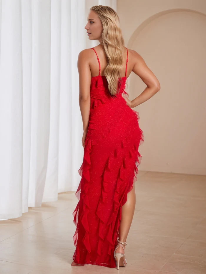 Glamorous Asymmetric Ruffled Square Neck Sleeveless Open Back Long Length Prom Dresses