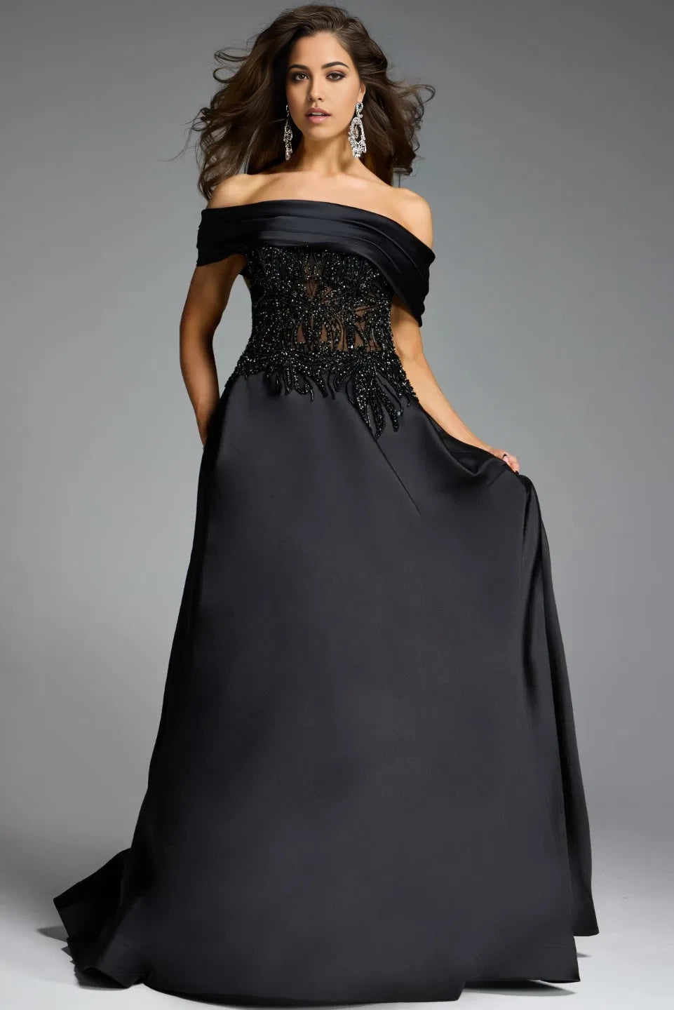 Glamorous Ball Gown Off-Shoulder Beaded-Bodice Satin Long Length Evening Dresses