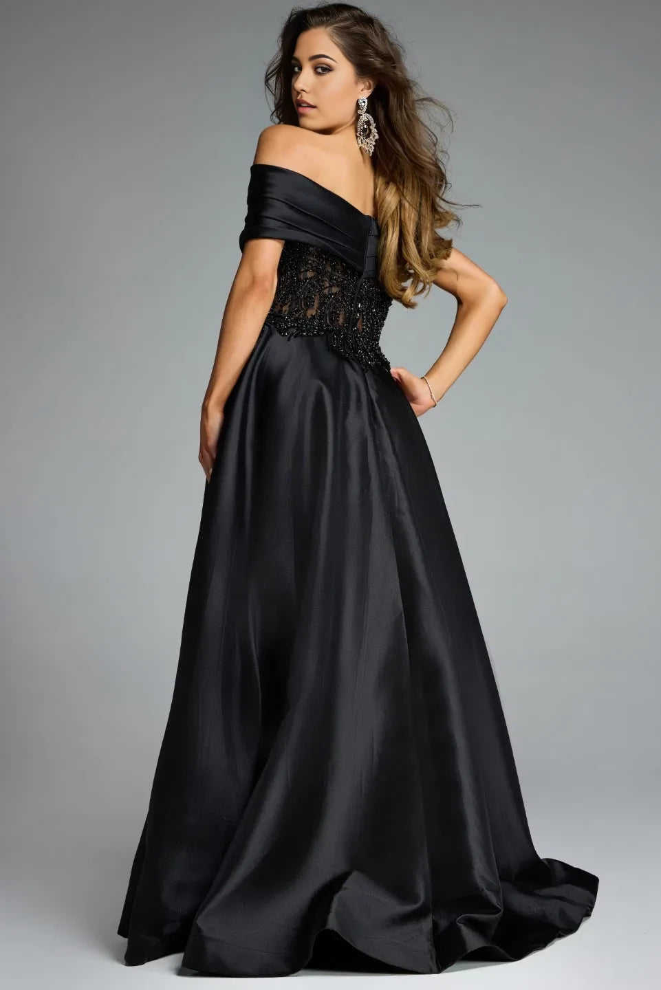 Glamorous Ball Gown Off-Shoulder Beaded-Bodice Satin Long Length Evening Dresses