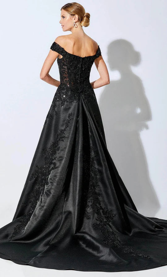 Glamorous Ball Gown Off-Shoulder Cap-Sleeve Beaded-Lace-Back Black Satin Floor-Length Mother of the Bride Dresses