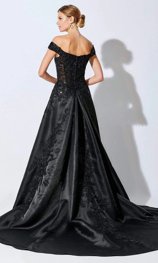 Glamorous Ball Gown Off-Shoulder Cap-Sleeve Beaded-Lace-Back Black Satin Floor-Length Mother of the Bride Dresses