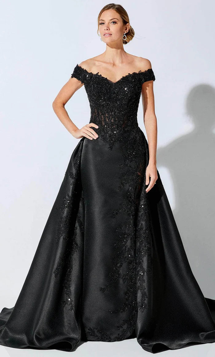 Glamorous Ball Gown Off-Shoulder Cap-Sleeve Beaded-Lace-Back Black Satin Floor-Length Mother of the Bride Dresses