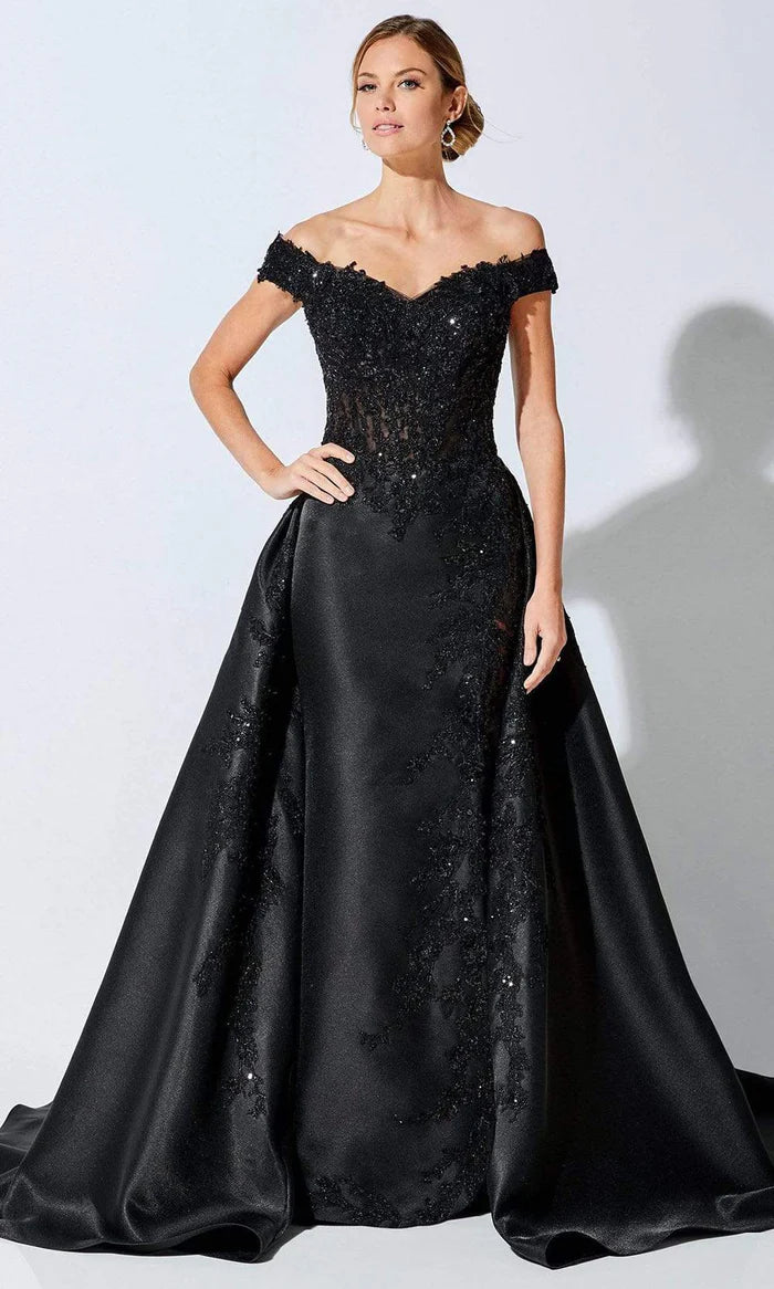 Glamorous Ball Gown Off-Shoulder Cap-Sleeve Beaded-Lace-Back Black Satin Floor-Length Mother of the Bride Dresses
