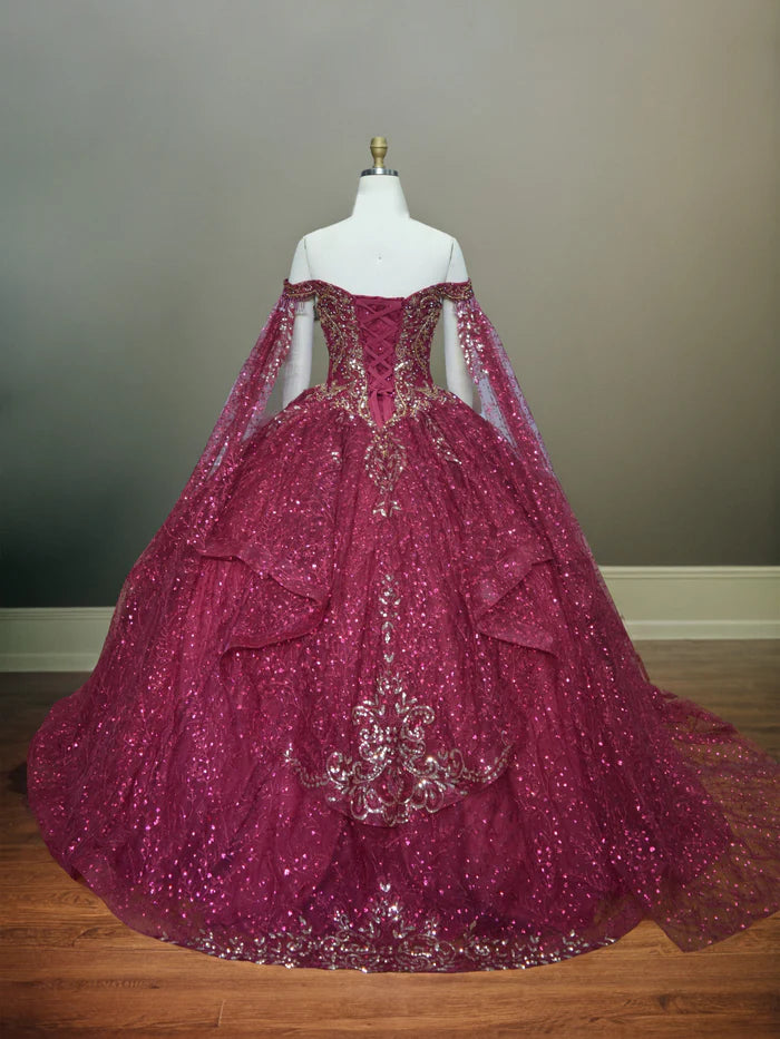 Glamorous Ball Gown Off - Shoulder Cape Sleeve Lace - Up Back Long Length Quinceanera Dresses