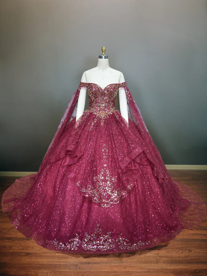 Glamorous Ball Gown Off - Shoulder Cape Sleeve Lace - Up Back Long Length Quinceanera Dresses