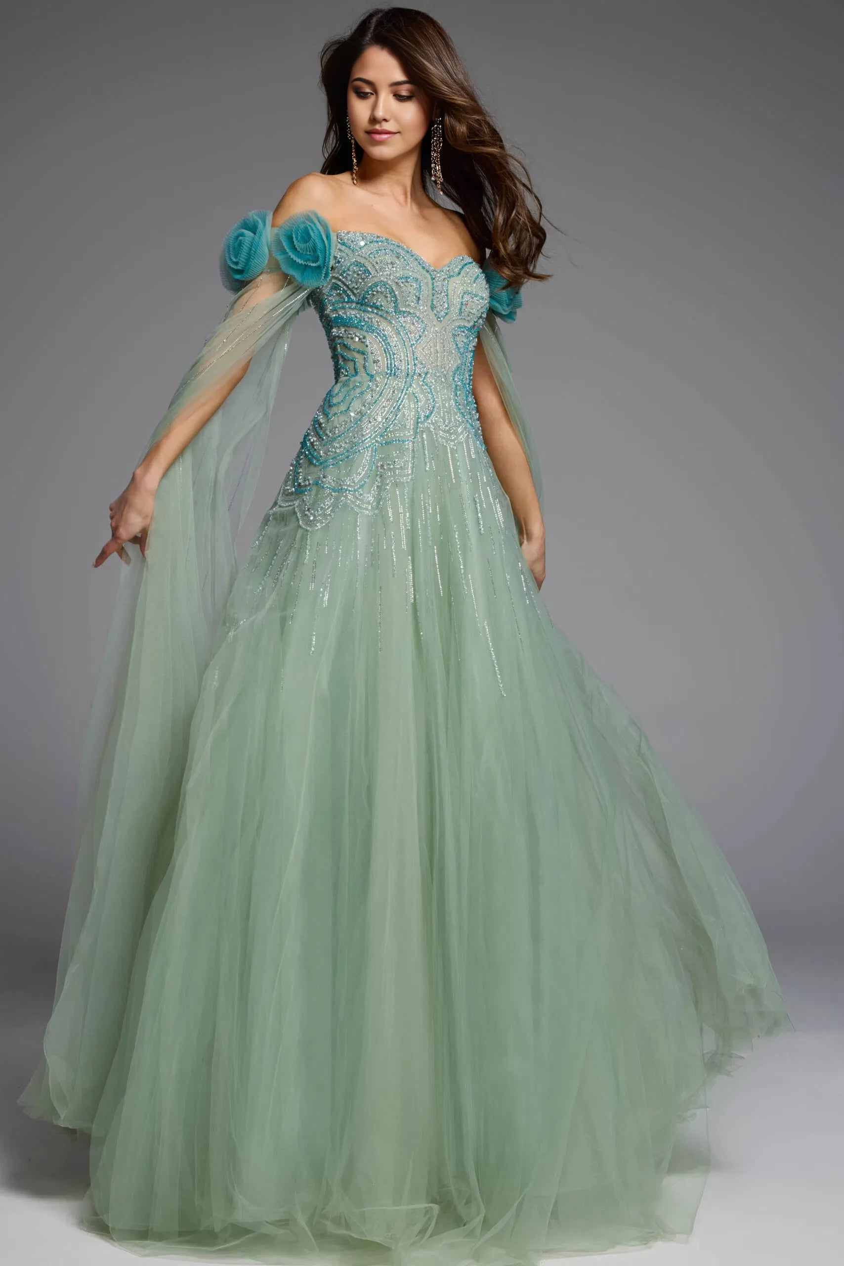 Glamorous Ball Gown Off-Shoulder Floral-Accent Beaded-Tulle Long Length Evening Dresses