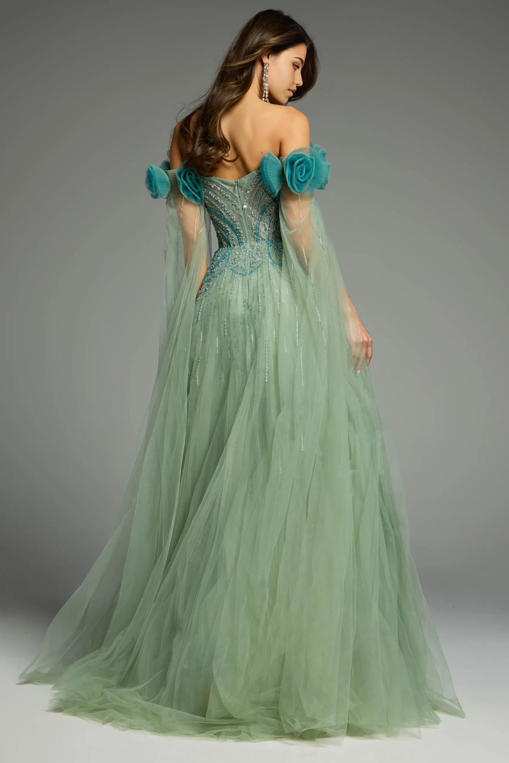 Glamorous Ball Gown Off-Shoulder Floral-Accent Beaded-Tulle Long Length Evening Dresses