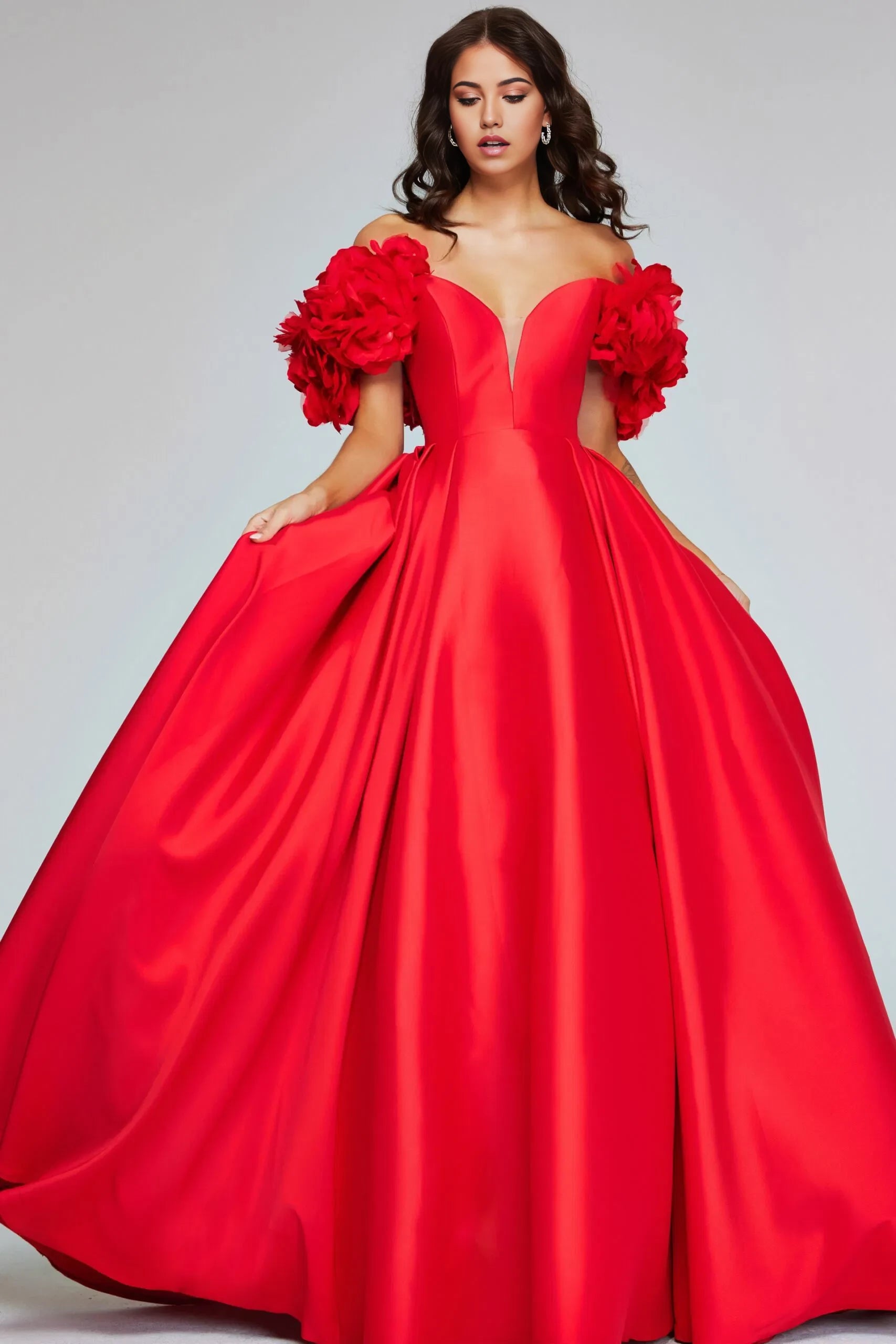 Glamorous Ball Gown Off-Shoulder Floral-Ruffle-Accent Long Length Evening Dresses