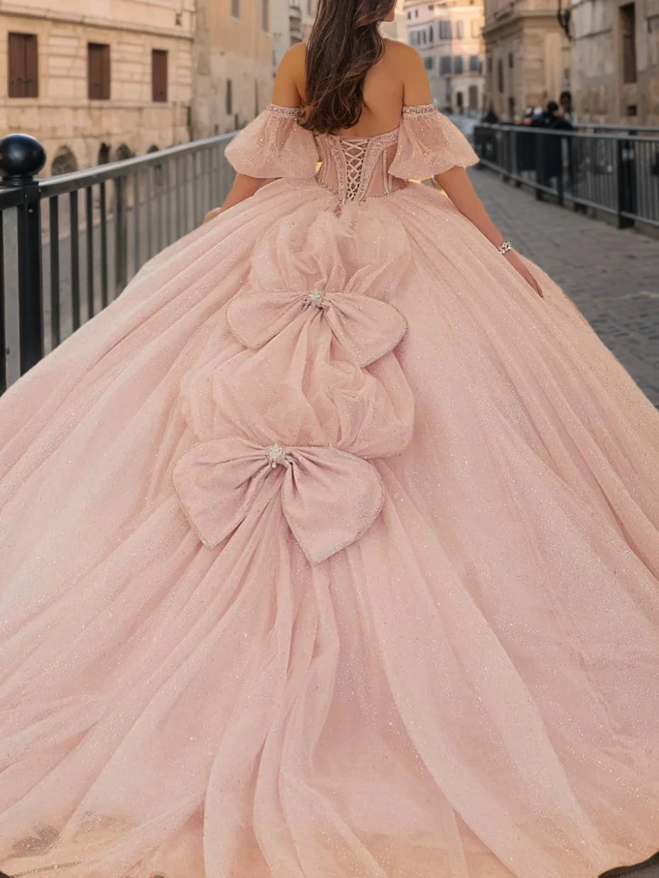 Glamorous Ball Gown Off - Shoulder Puff Sleeve Lace - Up Back Long Length Evening Dresses