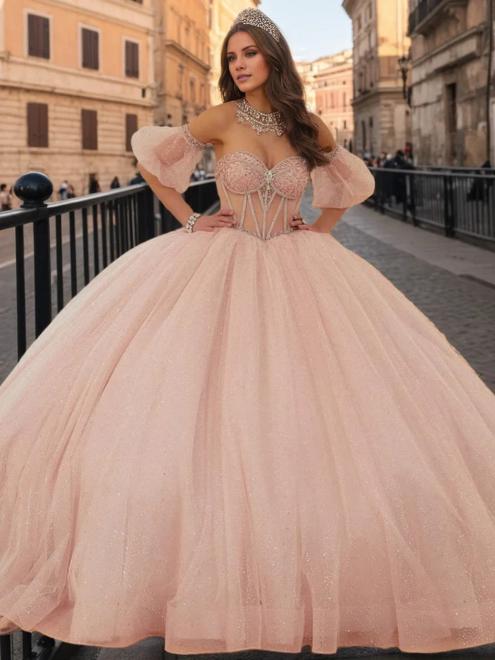 Glamorous Ball Gown Off - Shoulder Puff Sleeve Lace - Up Back Long Length Evening Dresses