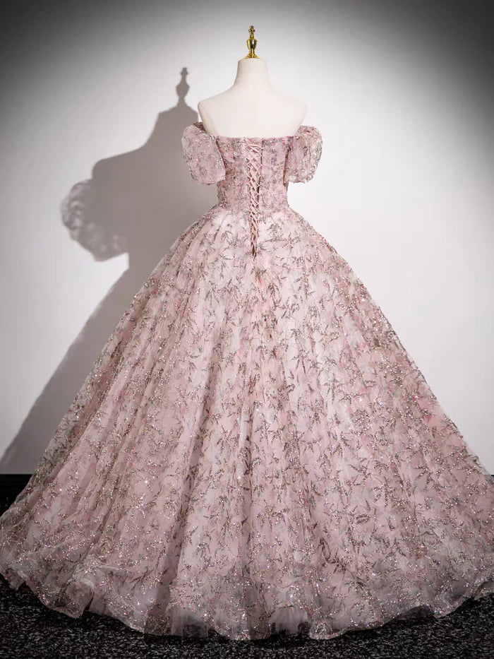 Glamorous Ball Gown Off - Shoulder Puff Sleeve Lace - Up Back Long Length Quinceanera Dresses