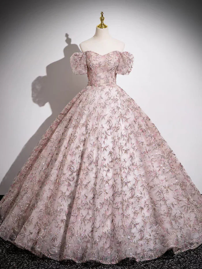 Glamorous Ball Gown Off - Shoulder Puff Sleeve Lace - Up Back Long Length Quinceanera Dresses
