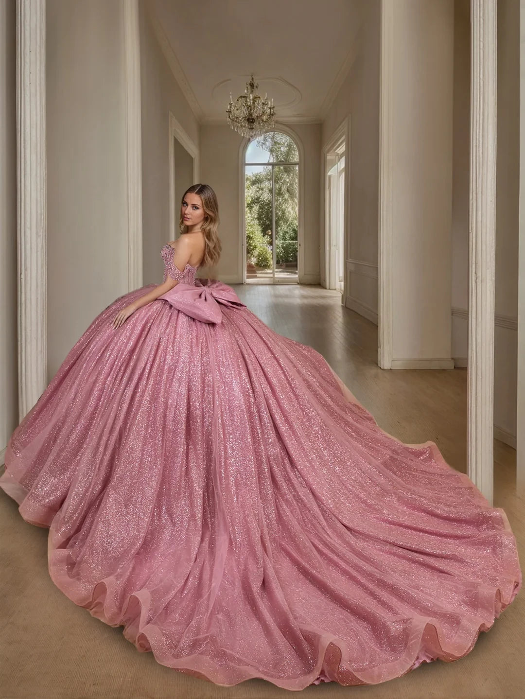 Glamorous Ball Gown Off - Shoulder Short Sleeve Bow - Back Long Length Evening Dresses