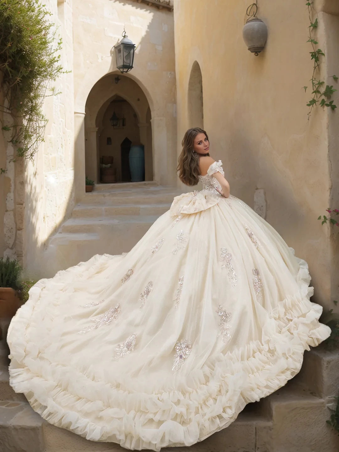 Clamorous Ball Gown Off - Shoulder Short Sleeve Bow - Back Long Length Evening Dresses
