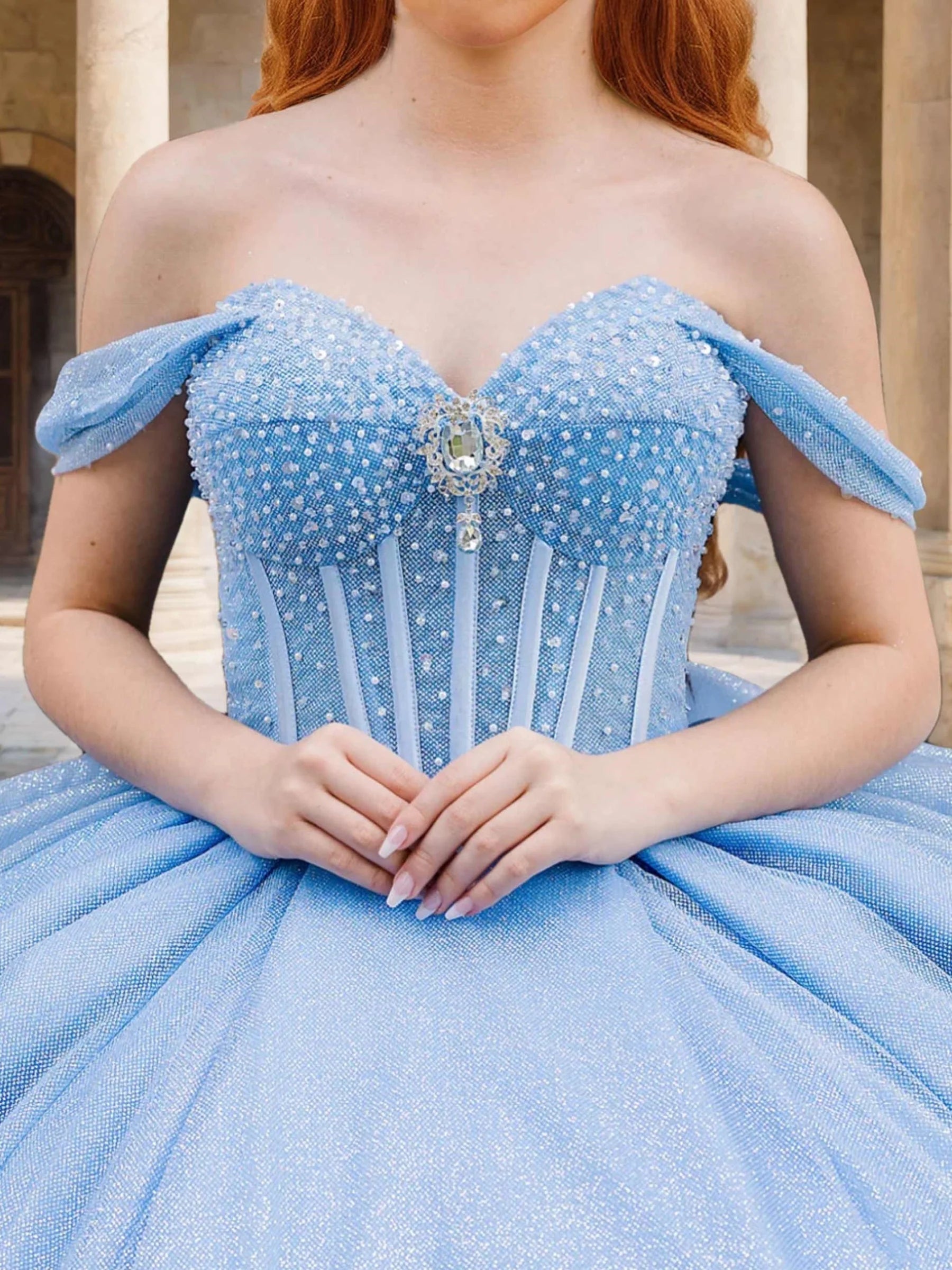 Glamorous Ball Gown Off - Shoulder Short Sleeve Lace - Up Back Long Length Evening Dresses