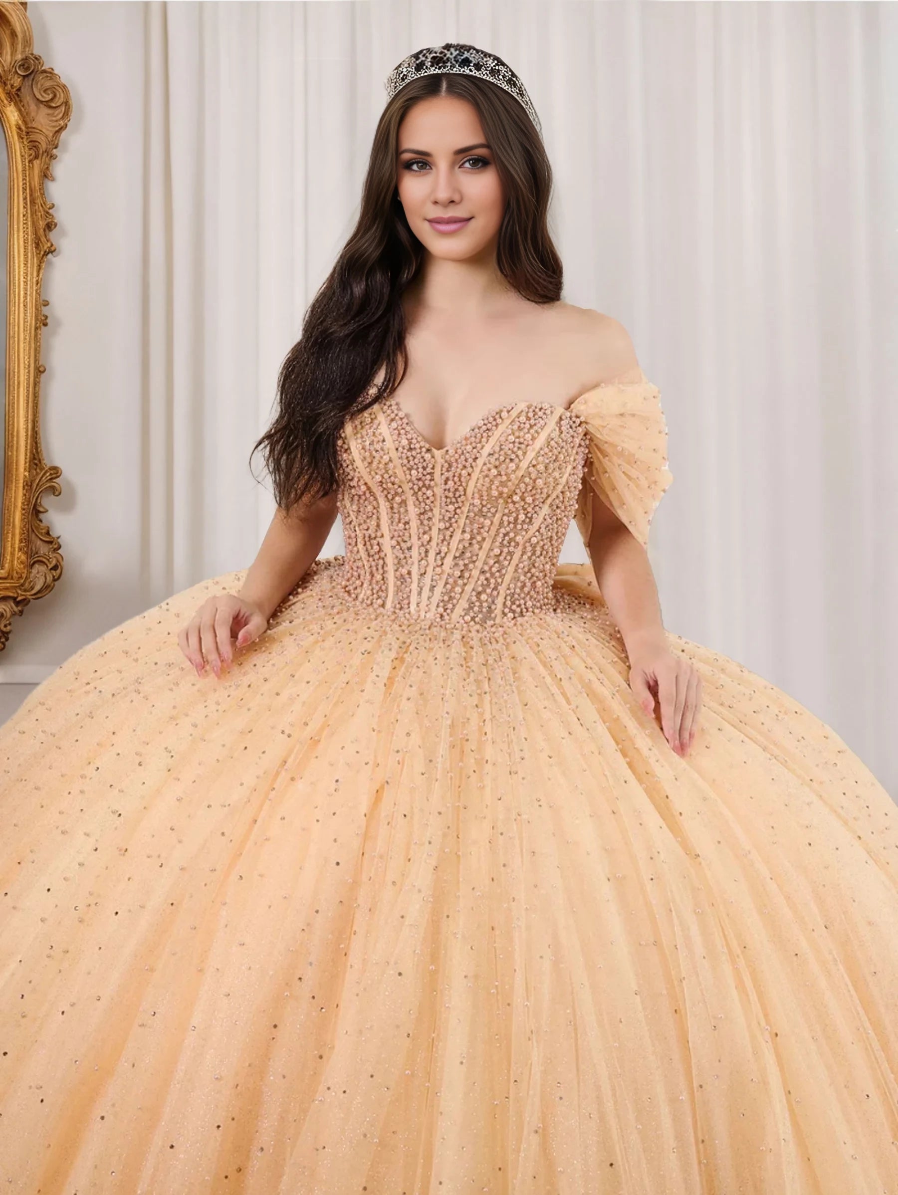 Glamorous Ball Gown Off - Shoulder Short Sleeve Lace - Up Back Long Length Evening Dresses