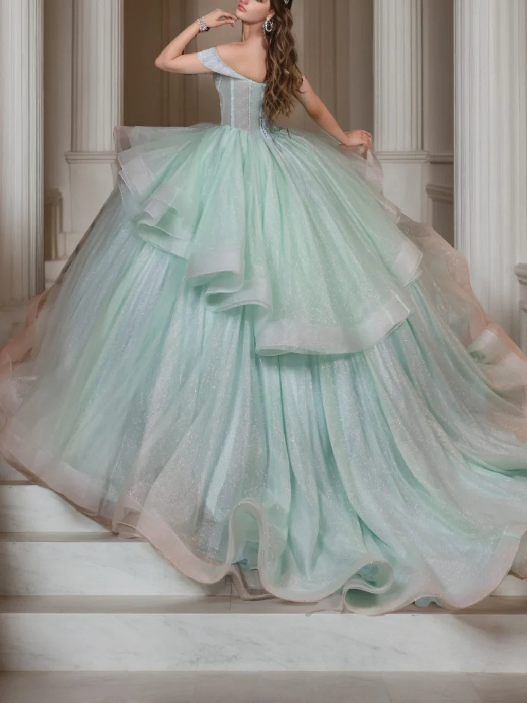 Glamorous Ball Gown Off - Shoulder Short Sleeve Lace - Up Back Long Length Evening Dresses