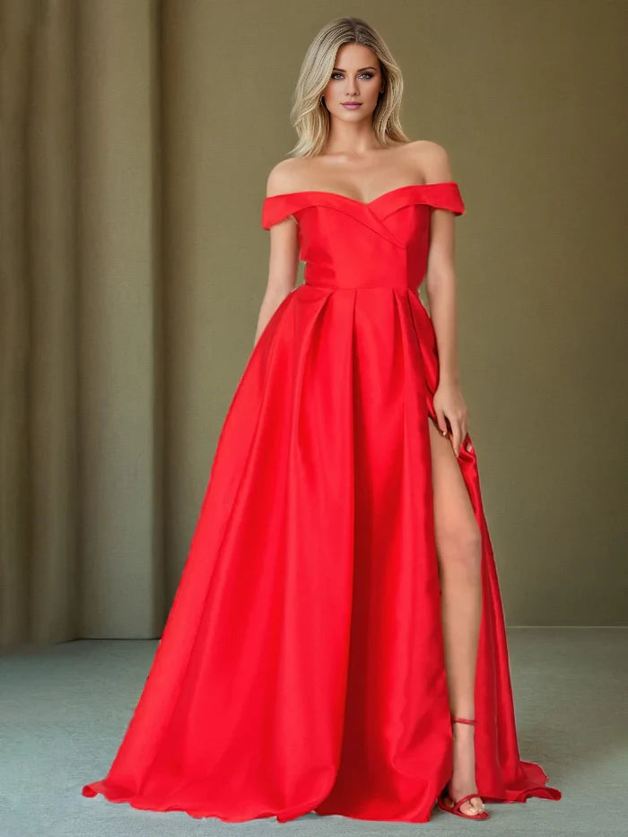 Glamorous Ball Gown Off - Shoulder Short Sleeve Lace - Up Back Long Length Prom Dresses