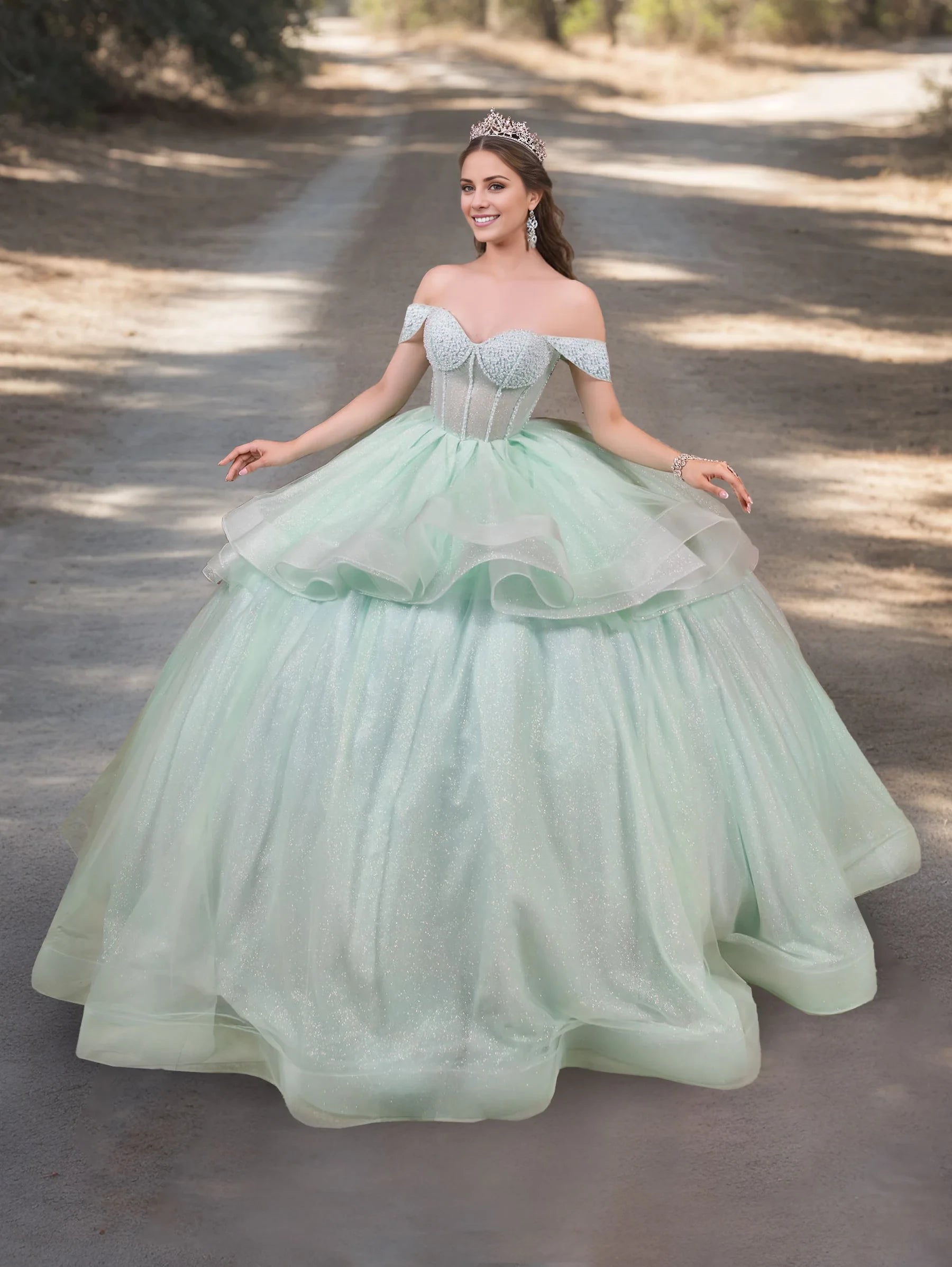Glamorous Ball Gown Off - Shoulder Short Sleeve Lace - Up Back Long Length Evening Dresses