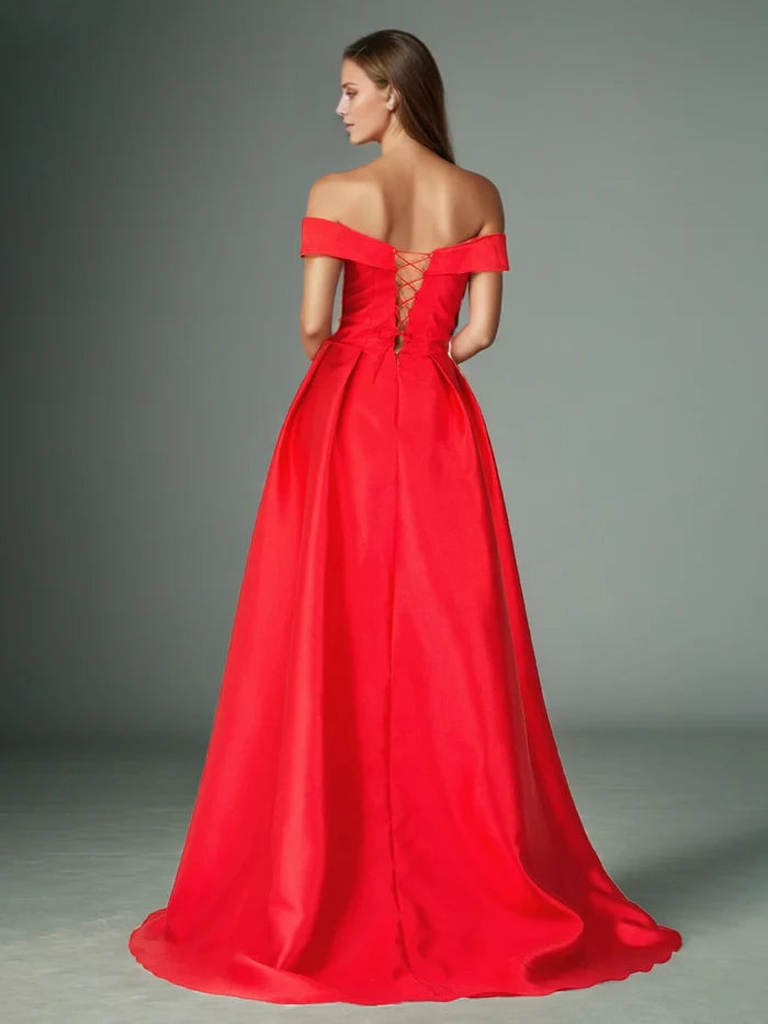 Glamorous Ball Gown Off - Shoulder Short Sleeve Lace - Up Back Long Length Prom Dresses