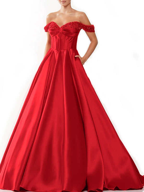 Glamorous Ball - Gown Off - Shoulder Short - Sleeve Zipper Back Floor - Length Evening Gown