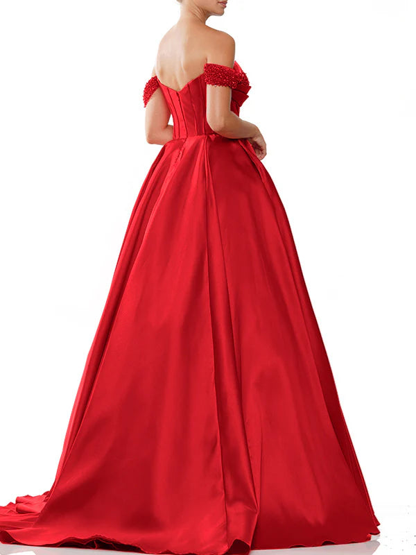 Glamorous Ball - Gown Off - Shoulder Short - Sleeve Zipper Back Floor - Length Evening Gown