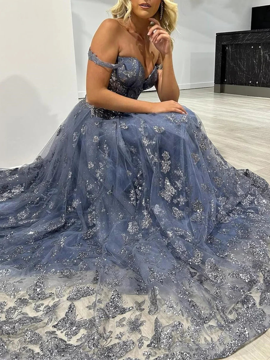 Glamorous Ball Gown Off - Shoulder Sleeveless Lace - Up Back Long Length Prom Dresses