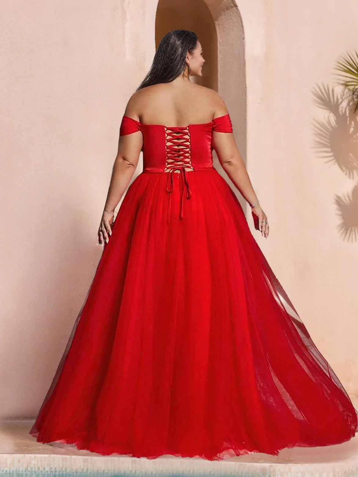 Plus Size Glamorous Ball Gown Off - Shoulder Sleeveless Lace - Up Back Long Length Prom Dresses