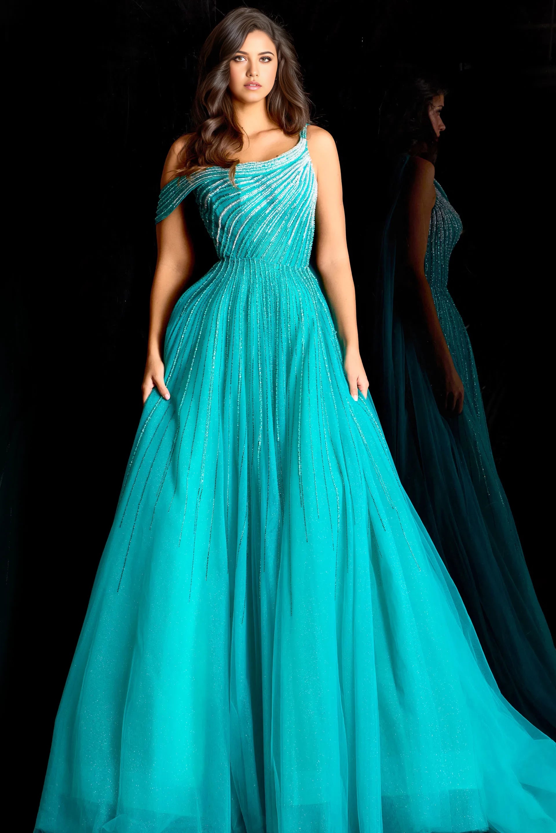 Glamorous Ball Gown One-Shoulder Sequin-Accent Long Length Evening Dresses