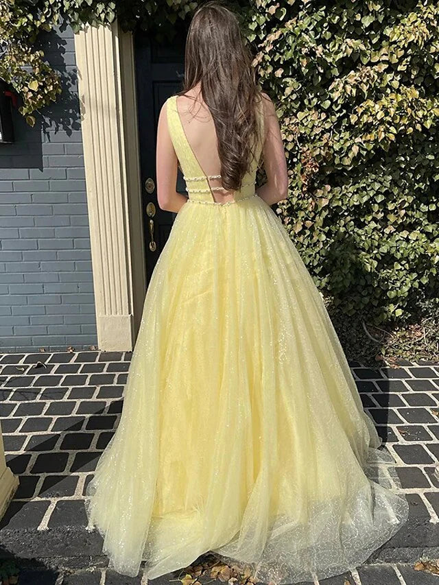 Glamorous Ball - Gown Plunging V - Neck Sleeveless Open - Back Floor - Length Evening Gown