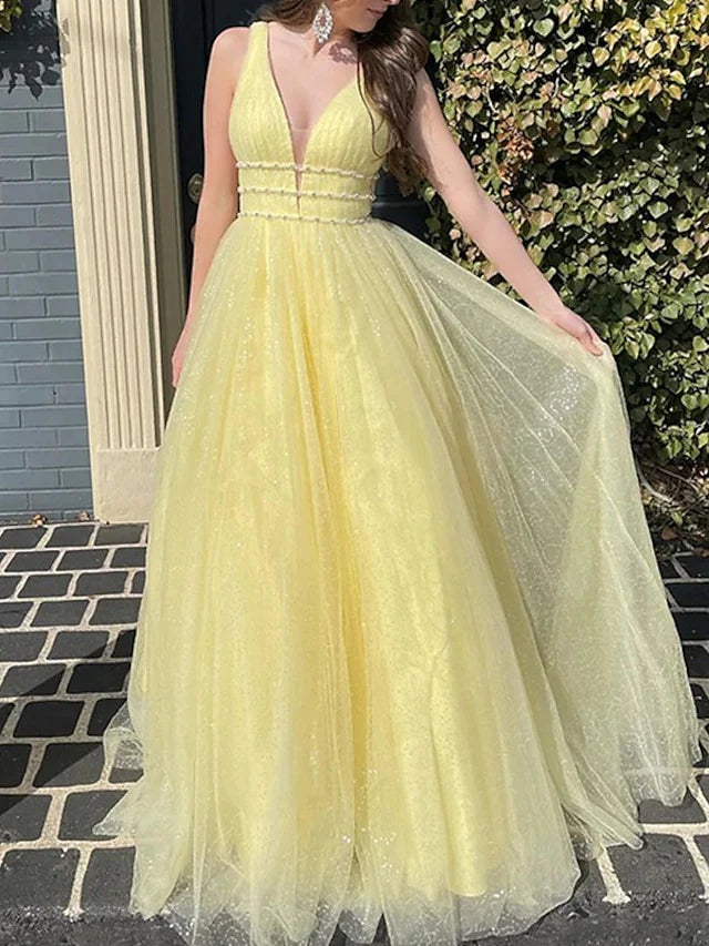 Glamorous Ball - Gown Plunging V - Neck Sleeveless Open - Back Floor - Length Evening Gown