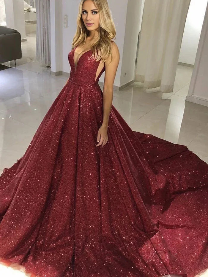 Glamorous Ball Gown Plunging V - Neck Sleeveless Open Back Long Length Quinceanera Dresses