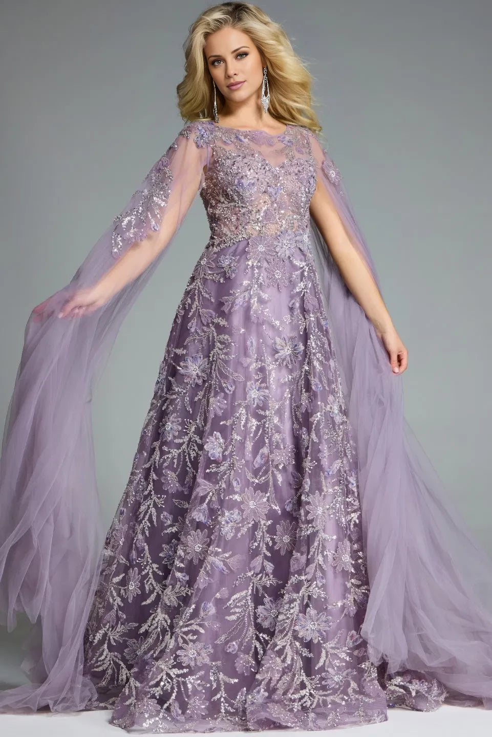Glamorous Ball Gown Scoop-Neck Cape-Sleeve Beaded-Accent Long Length Evening Dresses
