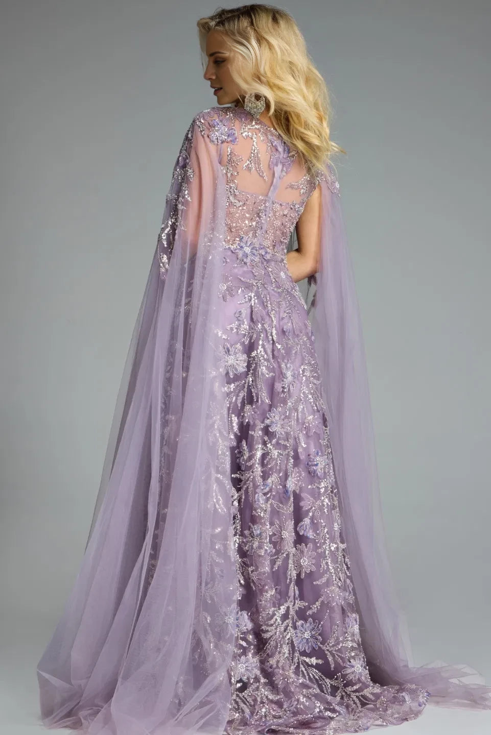 Glamorous Ball Gown Scoop-Neck Cape-Sleeve Beaded-Accent Long Length Evening Dresses