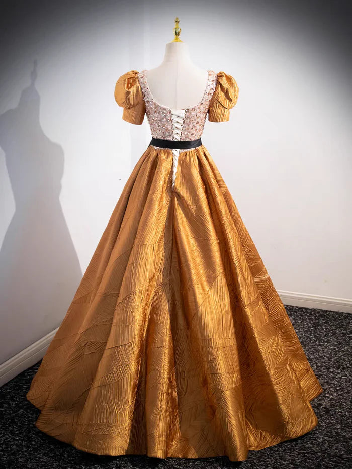 Glamorous Ball Gown Square Neck Puff Sleeve Lace - Up Back Long Length Quinceanera Dresses