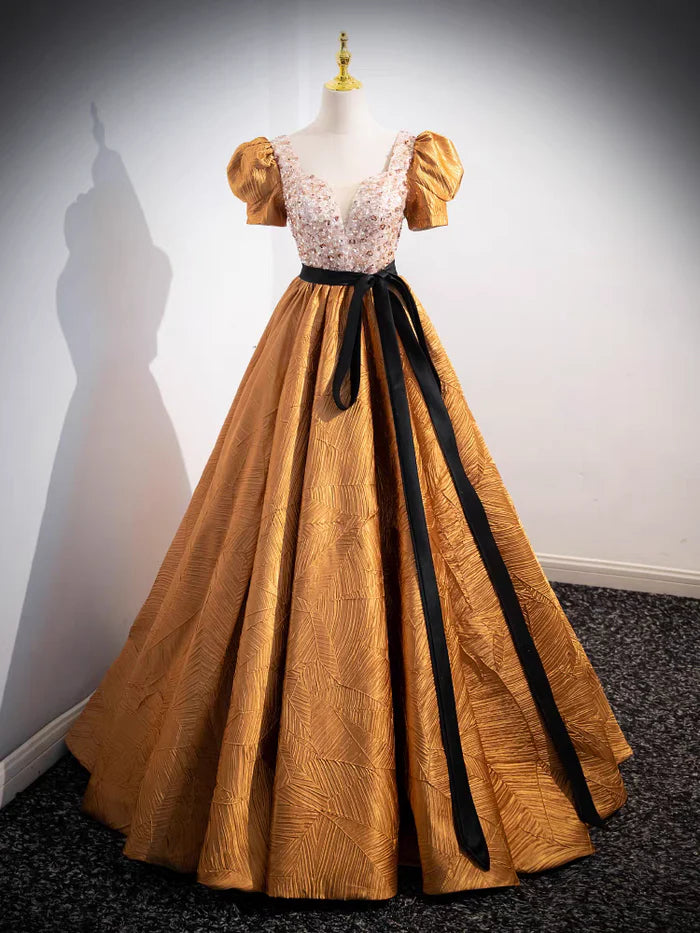 Glamorous Ball Gown Square Neck Puff Sleeve Lace - Up Back Long Length Quinceanera Dresses