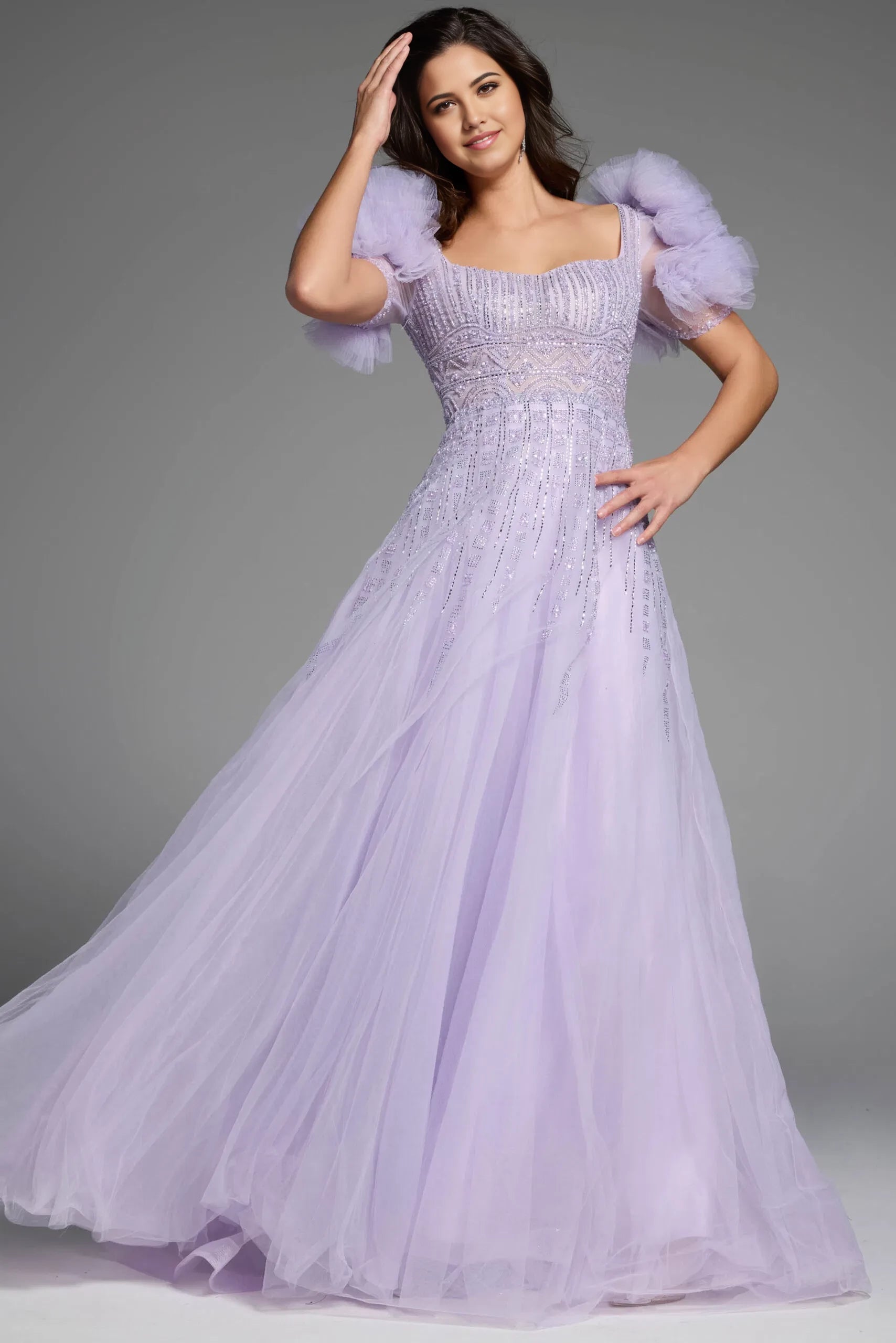 Glamorous Ball Gown Square-Neck Tulle-Puff-Sleeve Beaded-Accent Long Length Evening Dresses