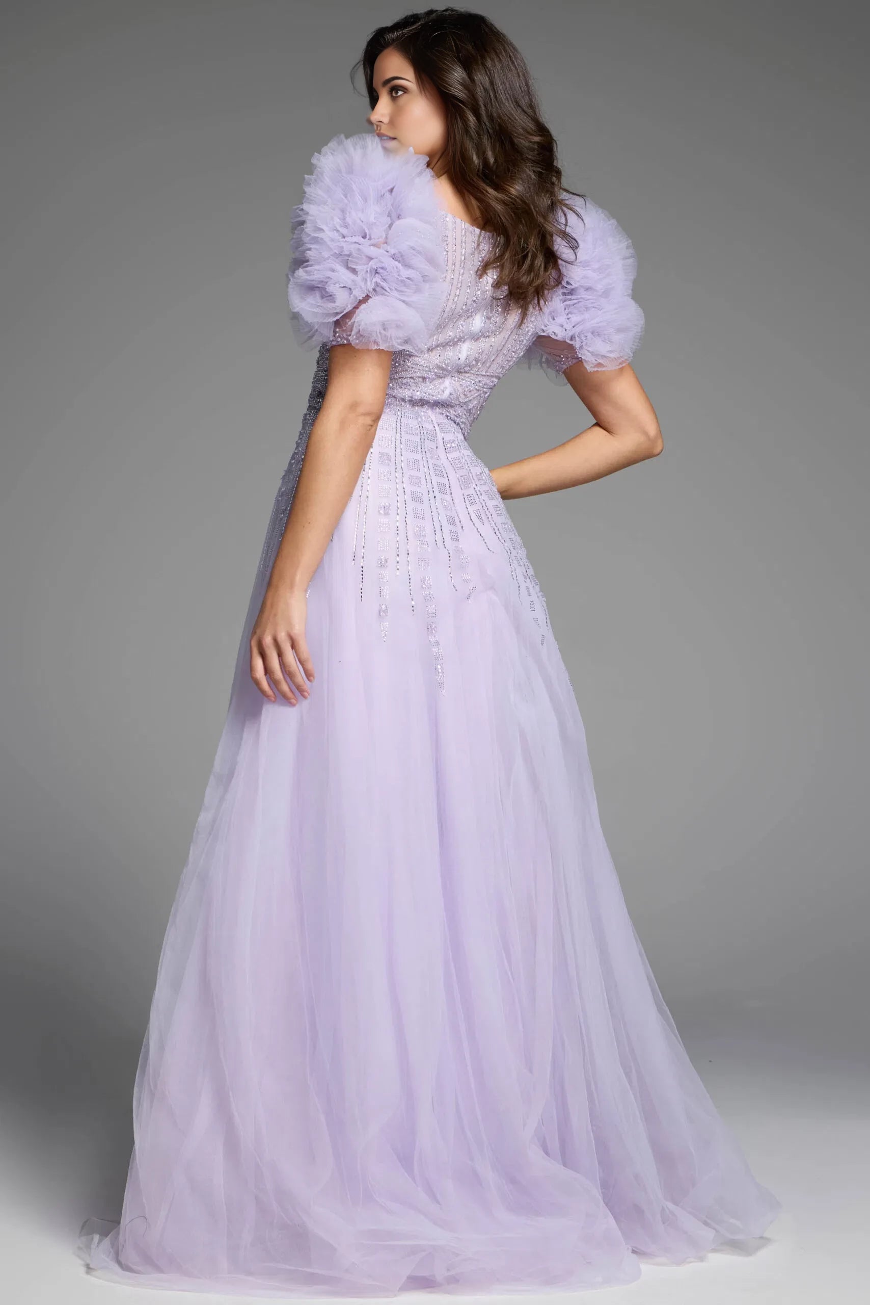 Glamorous Ball Gown Square-Neck Tulle-Puff-Sleeve Beaded-Accent Long Length Evening Dresses