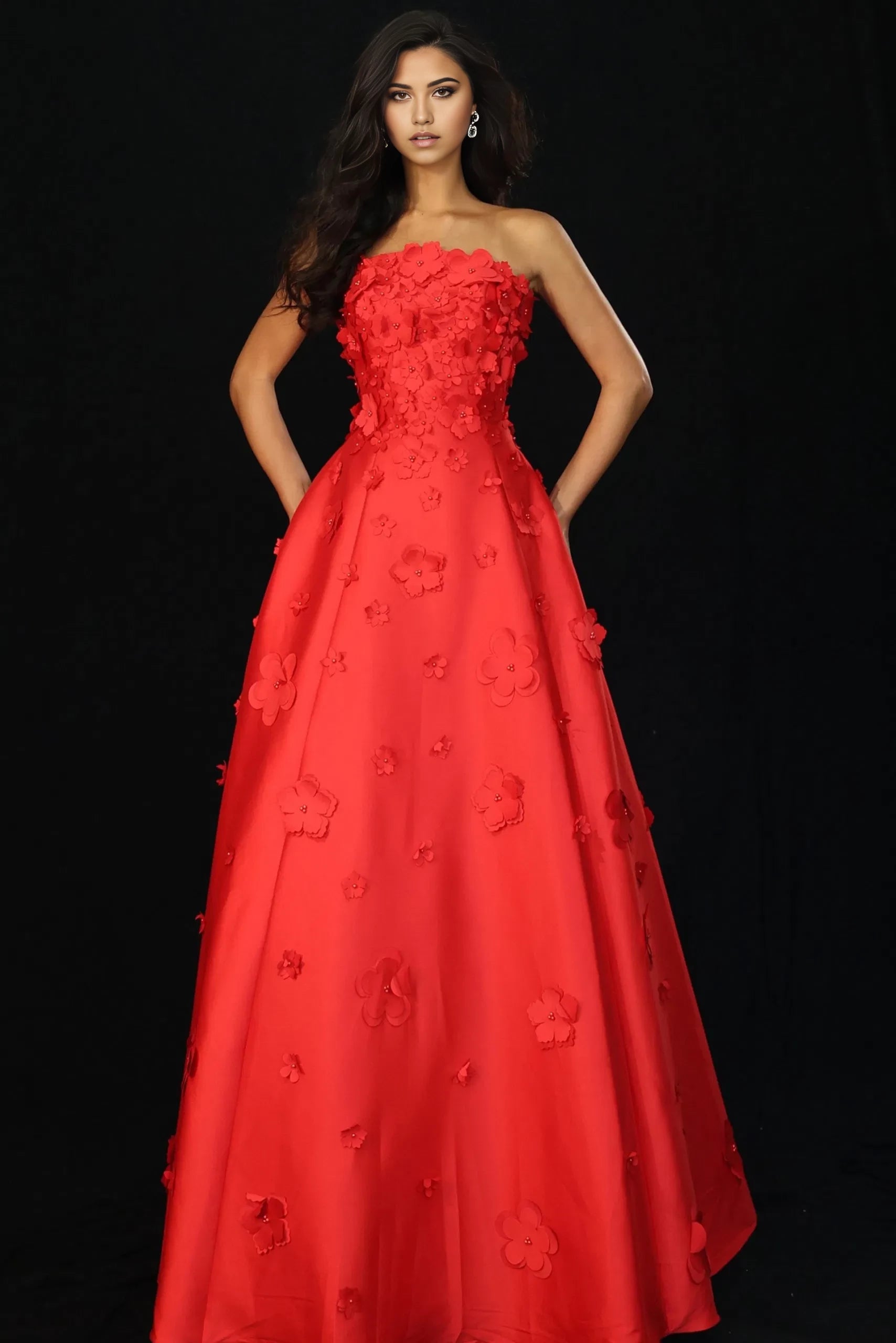 Glamorous Ball Gown Strapless 3D Floral-Accent Sleeveless Long Length Evening Dresses