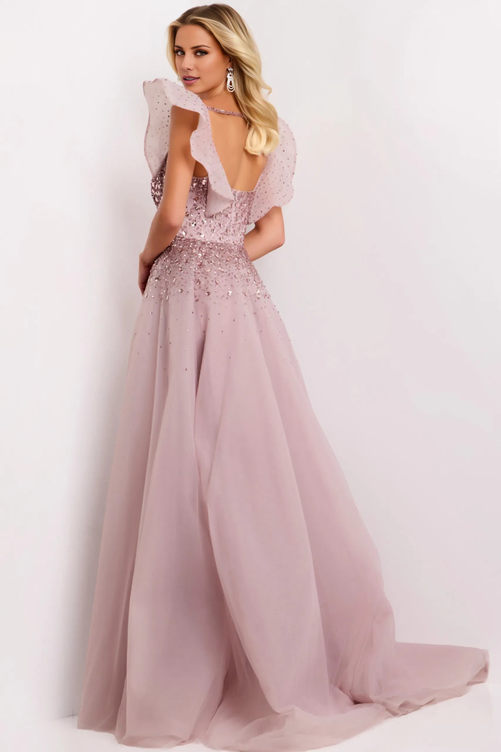 Glamorous Ball Gown Strapless Ruffle-Sleeve Beaded-Accent Open-Back Long Length Evening Dresses
