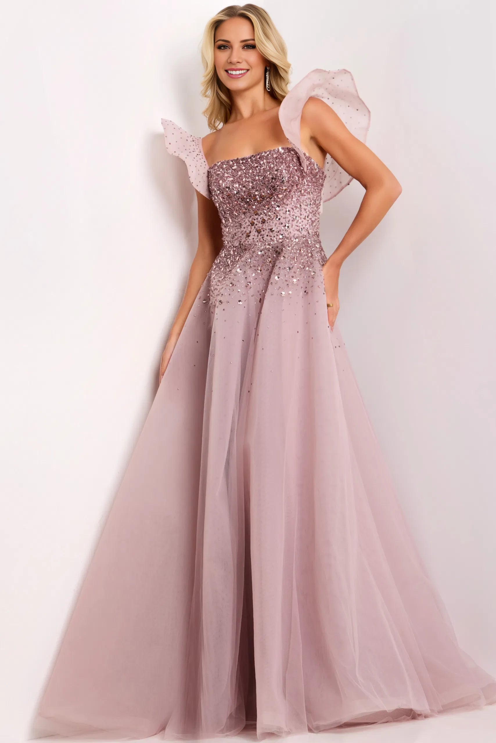 Glamorous Ball Gown Strapless Ruffle-Sleeve Beaded-Accent Open-Back Long Length Evening Dresses