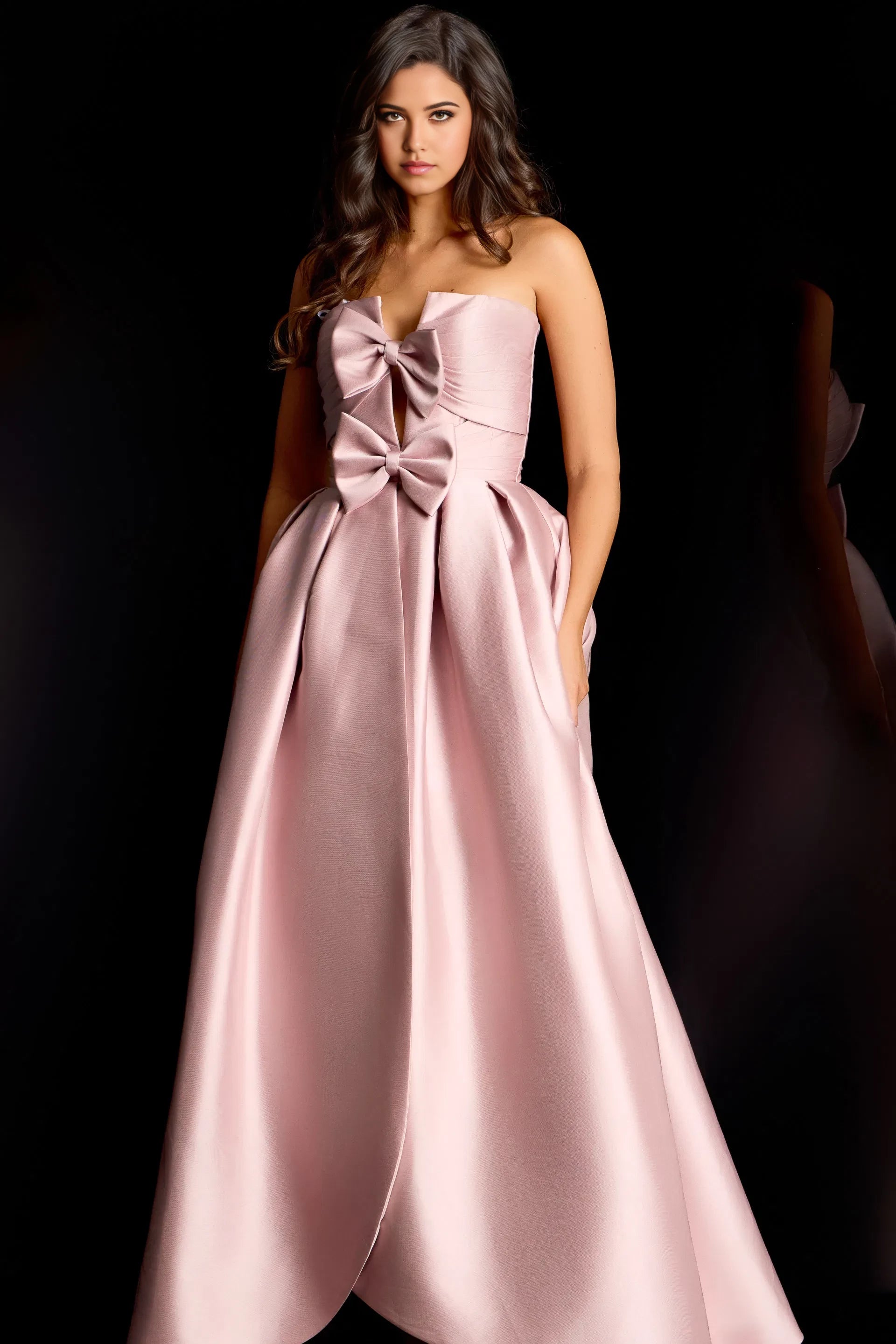Glamorous Ball Gown Strapless Satin Double-Bow Long Length Evening Dresses
