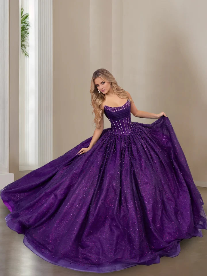 Glamorous Ball Gown Strapless Sleeveless Lace - Up Back Long Length Evening Dresses